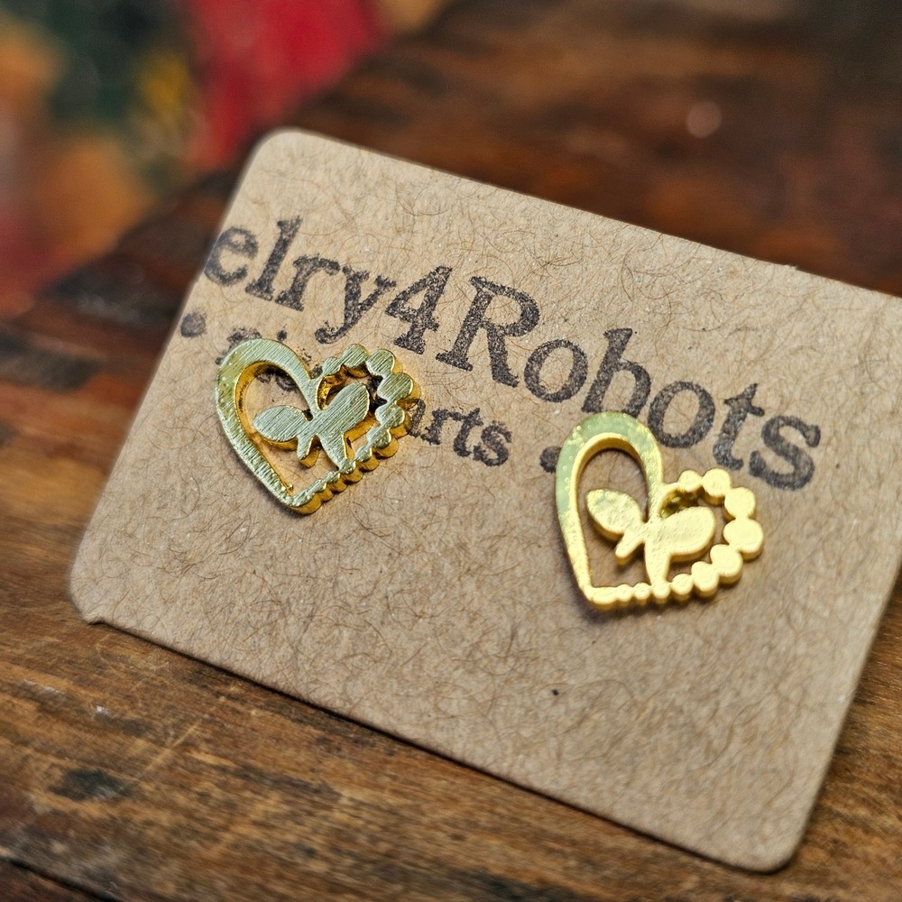 Gold Heart Butterfly Stud Earrings Women OS Stainless Steel Scalloped
